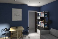 003. domowe biuro niebieskie beton jasne drewno projektor telewizor komputer home office blue concrete light wood projector televison computer