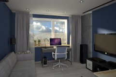 004. domowe biuro niebieskie beton jasne drewno projektor telewizor komputer home office blue concrete light wood projector televison computer