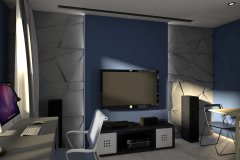 005. domowe biuro niebieskie beton jasne drewno projektor telewizor komputer home office blue concrete light wood projector televison computer