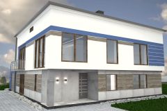 0001. ELEWACJA BETON, BIEL NIEBIESKI DREWNO, FACADE CONCRETE, WHITE, BLUE, WOOD