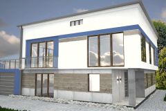 002. ELEWACJA BETON, BIEL NIEBIESKI DREWNO, FACADE CONCRETE, WHITE, BLUE, WOOD