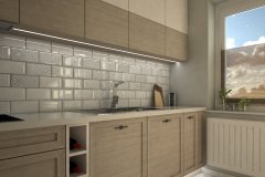 0054. kuchnia drewniana frezowane fronty biale plytki wysoki polysk bez kitchen wood white tiles white front hight gloss
