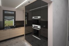 0063. kuchnia nowoczesna czarny wysoki połysk drewno ecru blat konglomeratowy kitchen modern black gloss wood