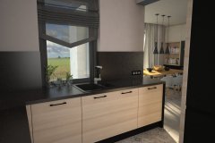 0064. kuchnia nowoczesna czarny wysoki połysk drewno ecru blat konglomeratowy kitchen modern black gloss wood