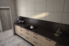0065. kuchnia nowoczesna czarny wysoki połysk drewno ecru blat konglomeratowy kitchen modern black gloss wood