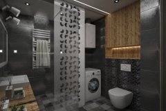 124. lazienka czarna prysznic szyba drewno mozaika zabudowana pralka bathroom black shower glass mosaic
