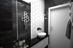 131. mala lazienka czarny srebrny hexagony bialy small bathroom black silver white hexagons