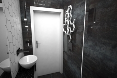 132. mala lazienka czarny srebrny hexagony bialy small bathroom black silver white hexagons