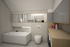 133. lazienka z wanna i prysznicem bezowa hexagony biale kwiatki drewno zabudowa pralki bathroom with bath and shower beige hexagons white flowers wood furniture construction of the washing machine