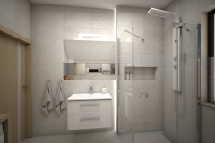 134. lazienka z wanna i prysznicem bezowa hexagony biale kwiatki drewno zabudowa pralki bathroom with bath and shower beige hexagons white flowers wood furniture construction of the washing machine