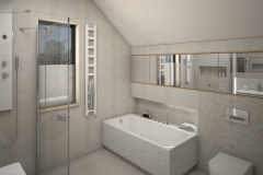 135. lazienka z wanna i prysznicem bezowa hexagony biale kwiatki drewno zabudowa pralki bathroom with bath and shower beige hexagons white flowers wood furniture construction of the washing machine