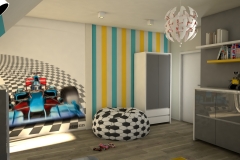 0031. pokoj dzieciecy mlodziezowy szary bialy formula 1 zolty niebieski drewno children room grey white racing yellow blue wood
