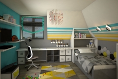 0033.  pokoj dzieciecy mlodziezowy szary bialy formula 1 zolty niebieski drewno children room grey white racing yellow blue wood