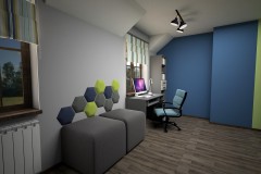 057. pokoj mlodziezowy niebieski zielony szary drewno panele tapicerowane paski children room blue green grey wood stripes