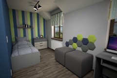 058. pokoj mlodziezowy niebieski zielony szary drewno panele tapicerowane paski children room blue green grey wood stripes