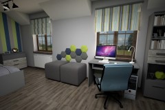 059. pokoj mlodziezowy niebieski zielony szary drewno panele tapicerowane paski children room blue green grey wood stripes