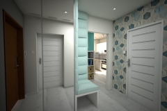 030. przedpokoj z szafą z lustrami turkusowa tapicerka tapeta w hexagony