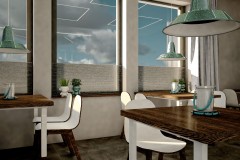 002. cafe bar beton ciemne drewno biale turkusowy niebieski kinkiety concrete dark wood white wood turquoise wall lamp