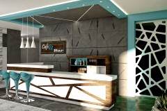 003. cafe bar beton ciemne drewno biale turkusowy niebieski kinkiety concrete dark wood white wood turquoise wall lamp