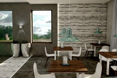 004. cafe bar beton ciemne drewno biale turkusowy niebieski kinkiety concrete dark wood white wood turquoise wall lamp