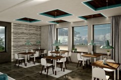 005. cafe bar beton ciemne drewno biale turkusowy niebieski kinkiety concrete dark wood white wood turquoise wall lamp