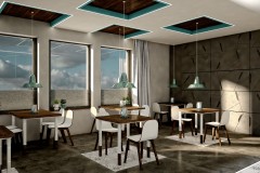 006. cafe bar beton ciemne drewno biale turkusowy niebieski kinkiety concrete dark wood white wood turquoise wall lamp