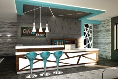 007. cafe bar beton ciemne drewno biale turkusowy niebieski kinkiety concrete dark wood white wood turquoise wall lamp