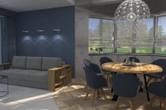 0040. Salon niebieski drewno beton salon blue wood concrete