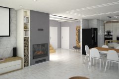 0050. SALON BETON DREWNO SZARY BIALY FIOLETOWY LIVINGROOM CONCRETE WOOD GREY WHITE VIOLET