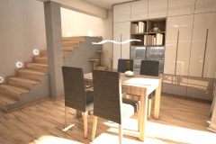 070. salon z jadalnia drewno szary bezowy klatka schodowa livingroom dining room wood staircase grey beige