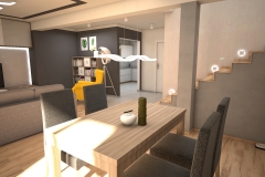 071. salon z jadalnia drewno szary bezowy klatka schodowa livingroom dining room wood staircase grey beige