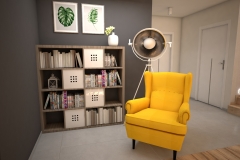 073. salon z jadalnia drewno szary bezowy klatka schodowa livingroom dining room wood staircase grey beige yellow armchair