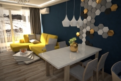 078. salon z kuchnia granatowy zolta sofa drewno bialy czarny polysk living room kitchen dark blue yellow couch wood white black gloss
