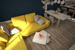 079. salon z kuchnia granatowy zolta sofa drewno bialy czarny polysk living room kitchen dark blue yellow couch wood white black gloss