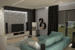 087. salon drewno fioletowy beton bialy szary turkusowy kominek livingroom wood purple violet concrete white grey turquoise fireplace