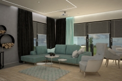 088. salon drewno fioletowy beton bialy szary turkusowy kominek livingroom wood purple violet concrete white grey turquoise fireplace