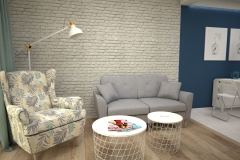 089. salon biala cegla drewno ikea meble granatowy livingroom white bricks wood ikeas furniture dark blue