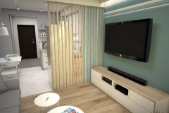 090. salon biala cegla drewno ikea meble granatowy zielonylivingroom white bricks wood ikeas furniture dark blue green