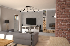 104. salon loft cegla jadalnia drewno kominek livingroom industrial wood brick fireplace