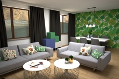 107. salon z tapeta w liscie szary zielony granatowy drewno dlugie zaslony livingroom wallpaper leaves green dark blue wood grey