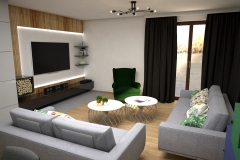 108. salon z tapeta w liscie szary zielony granatowy drewno dlugie zaslony livingroom wallpaper leaves green dark blue wood grey