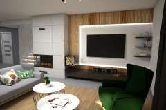 109. salon z tapeta w liscie szary zielony granatowy drewno dlugie zaslony livingroom wallpaper leaves green dark blue wood grey