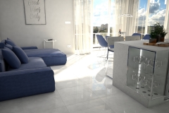 117. salon z jadalnia granatowa sofa beton jasne plytki livingroom dining room concrete dark blue light tiles