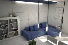 118. salon z jadalnia granatowa sofa beton jasne plytki livingroom dining room concrete dark blue light tiles