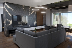 185.-salon-czarny-sufit-napinany-polysk-zlote-dodatki-drewno-beton-zlote-pregi-srewniany-stol