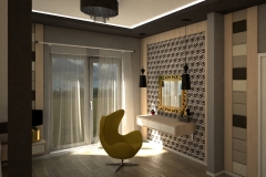 0016. sypialnia zlota jasne drewno szary czarny tapicerowany bedroom gold light wood black