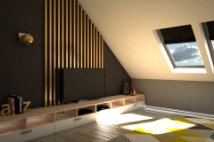 0017. sypialnia zlota jasne drewno szary czarny tapicerowany bedroom gold light wood black