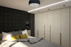 0026. sypialnia musztardowa czarna nowoczesna tapeta drewno krem polysk bedroom mustard black modern new design wallpaper cream hight gloss