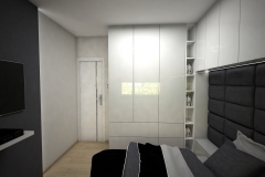 039. sypialnia z lozkiem tapicerowanym i blyszczaca zabudowa podloga panele pergo bedroom big bed gloss white grey