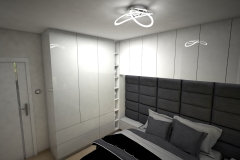 040. sypialnia z lozkiem tapicerowanym i blyszczaca zabudowa podloga panele pergo bedroom big bed gloss white grey